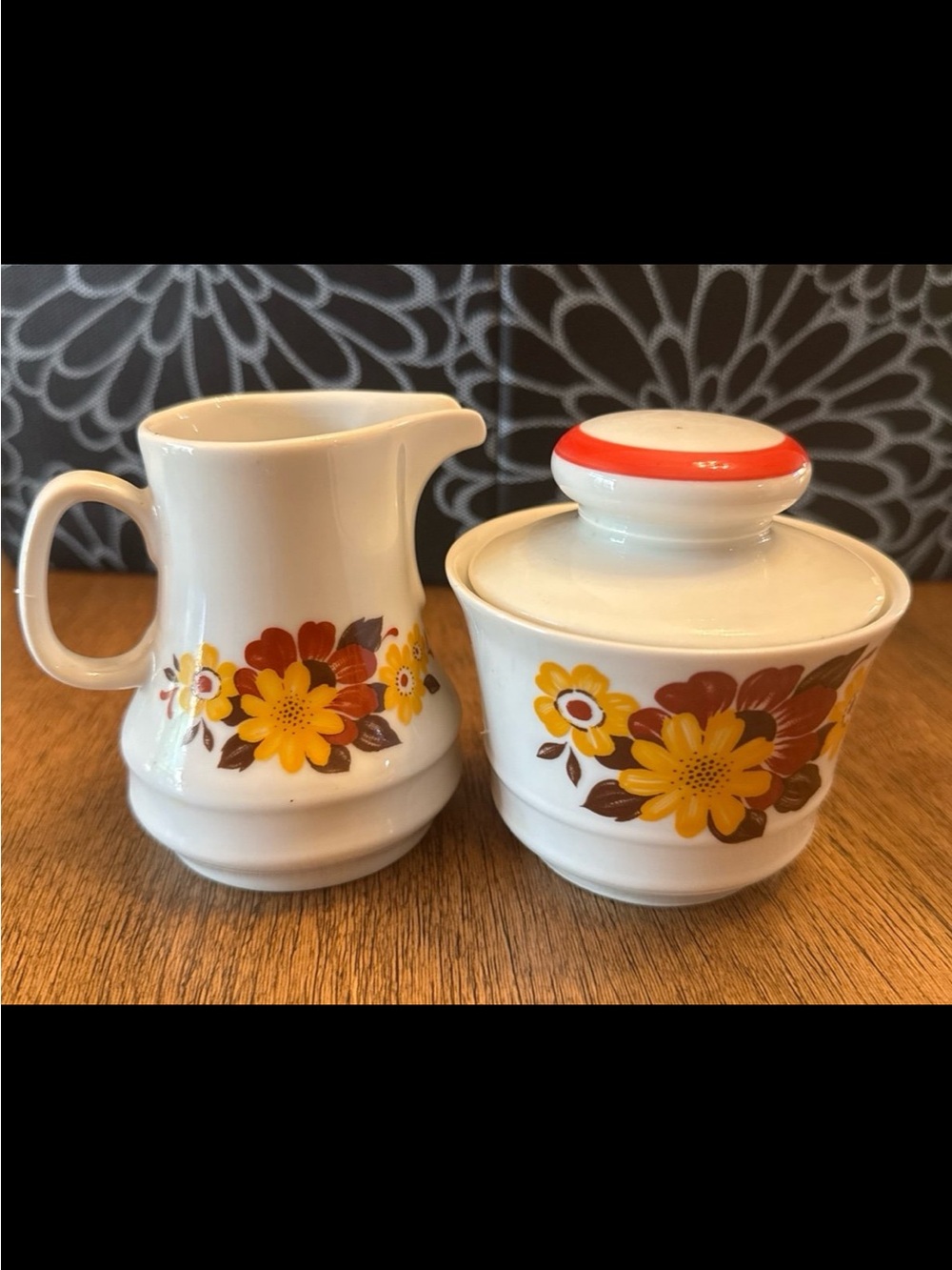 Pfaltzgraff Creamer and Sugar Set with Yellow and Brown Floral Pattern
